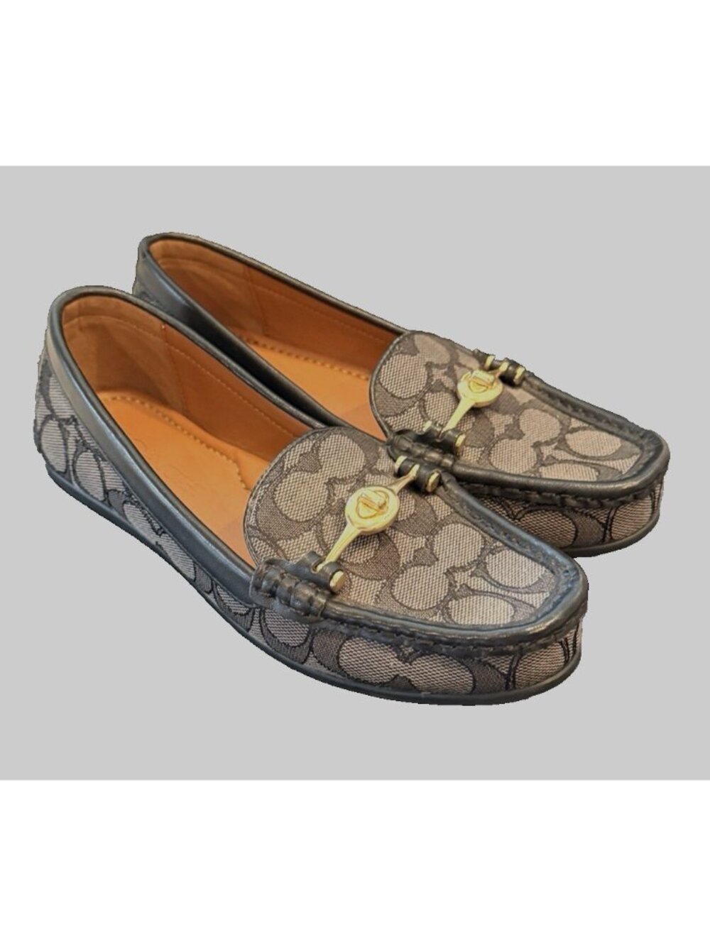 Coach Penny Loafers Black Gray Fabric Gold Logo Pattern Designer Size 5.5B